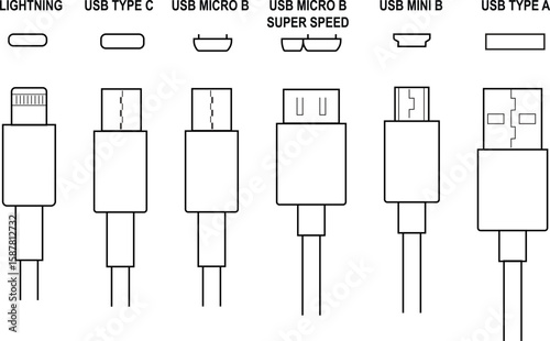 Collection of usb connectors and lightning connector types for charging and data transfer