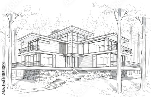 Modern architectural sketch of a multi story house with balconies and large windows