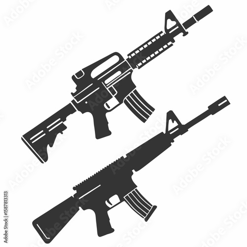Two AR 15 Style Rifles in Black Silhouette on a White Background