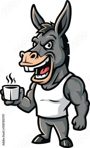 Cartoon donkey character wearing a tank top, holding a steaming coffee cup, with a wide, toothy grin.