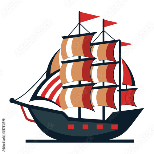 Vintage Sailing Ship Illustration Red and White Sails