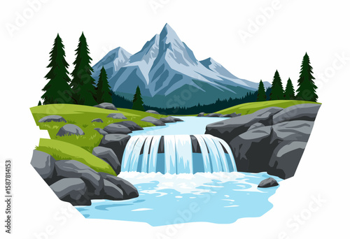Mountain landscape with waterfall and green trees in nature  