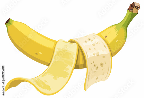 Banana with peeling skin in vibrant yellow color  
