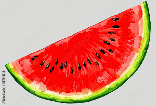 Watermelon slice with red flesh and black seeds on gray background  