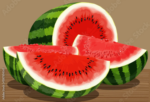 Sliced watermelon on wooden table with brown background  