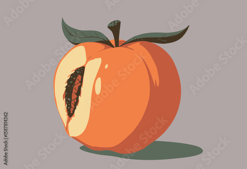Cut peach with seed and green leaves on gray background  
