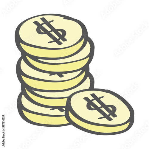 Vector illustration of a stack of gold coins with dollar signs. Hand-drawn cartoon style. Perfect for finance, investment, banking, game assets, web icons, savings, and business design projects.