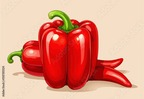 Red bell peppers and chili peppers on light background  