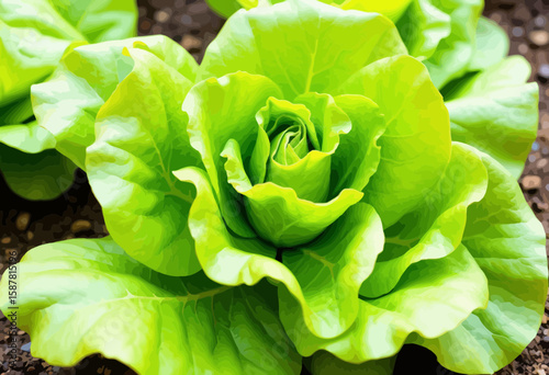 Fresh green lettuce growing in soil garden bed  