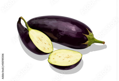 Whole and sliced eggplant on white background  