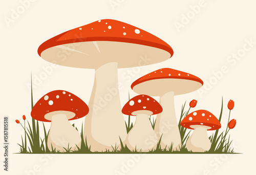 Red and white mushrooms growing in grass on light background  