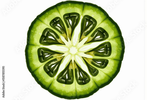 Fresh green cucumber slice with intricate patterns on white background  
