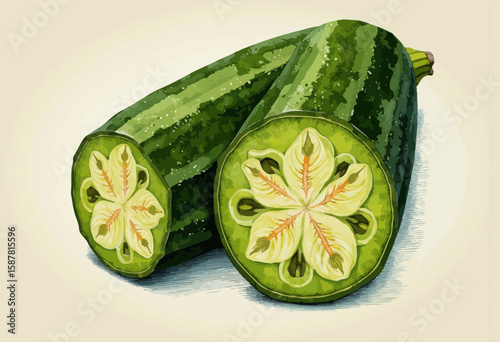 Freshly cut green zucchini with intricate seed pattern inside  
