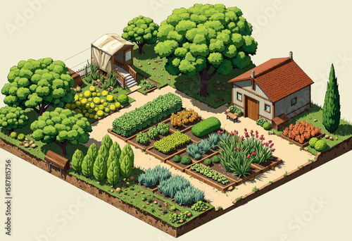 Cozy garden scene with house and vegetable patches in vibrant colors  