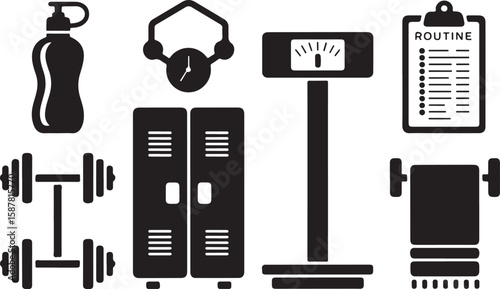 Gym Equipment Icons Set Featuring Dumbbells, Treadmill, Weight Bench, Fitness Tracker, Stopwatches, and Workout Accessories in Black and White