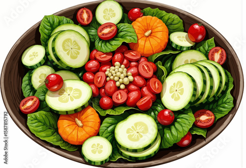 Fresh vegetable salad with cucumber, tomato, and spinach on platter  