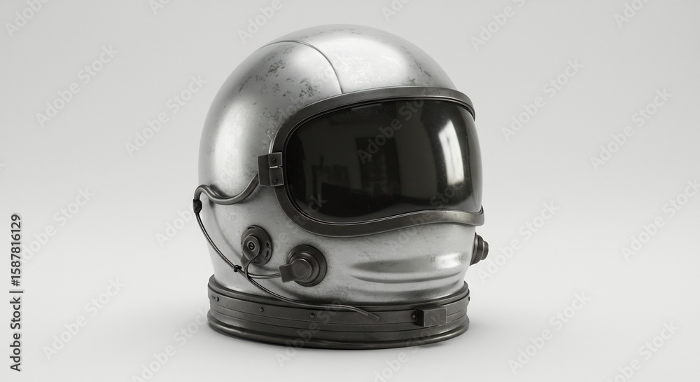 Fototapeta premium 銀色宇宙ヘルメット 静寂な光陰漂う未来感. AI Generated