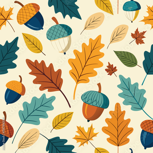 Seamless autumn leaves pattern featuring a vibrant collection of maple, oak, and birch foliage in a natural fall color palette