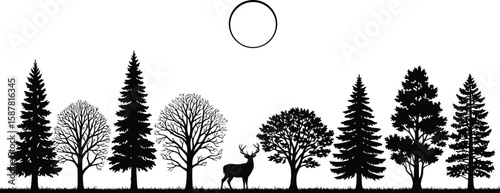 Silhouette of a deer standing in a forest with pine and deciduous trees under a circular moon