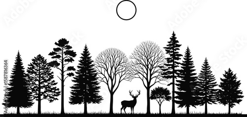 Silhouette of a forest with pine trees deciduous trees and a deer under a circle