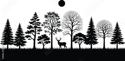 Silhouette of a deer standing in a forest with various trees and a full moon