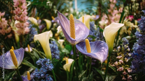 Vibrant floral arrangement featuring purple and yellow calla lilies, surrounded by lush greenery and various colorful blossoms.