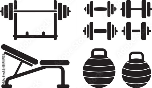 Set of Eight Black-and-White Weightlifting Equipment Icons Featuring Barbells with Various Weights and Kettlebells