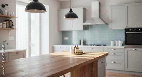 Wallpaper Mural 木目美しい木製キッチン島 温かい自然光降り注ぐ. AI Generated Torontodigital.ca