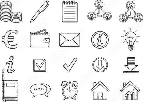 Collection of hand drawn business and finance icons in sketch style