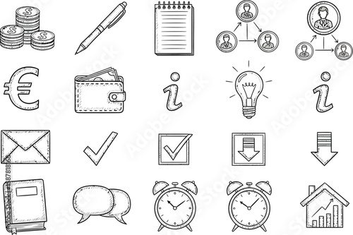 Collection of hand drawn business and finance icons with sketchy style