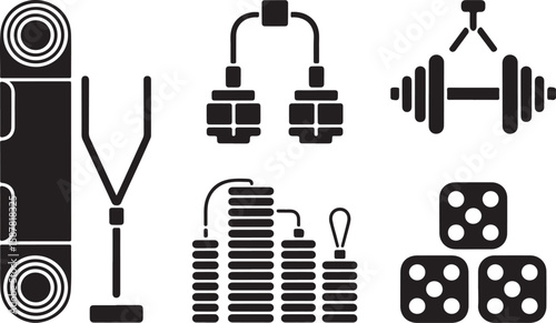Set of Four Black-and-White Weightlifting Icons Featuring Barbells with Weights and a Weight Rack in Two Rows