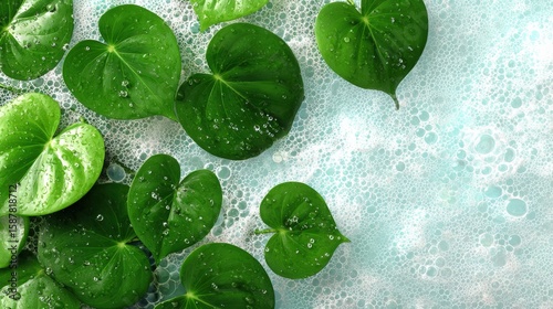 Green leaves with water droplets float on bubbly, soapy water, creating a fresh and serene natural scene.
