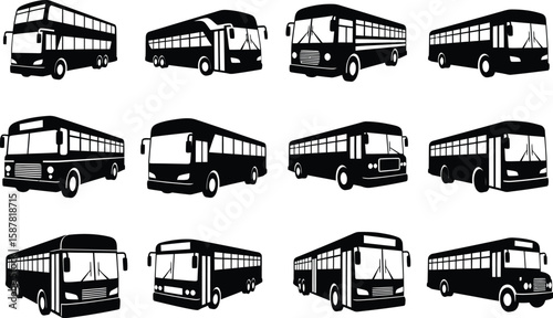 Collection of diverse black bus silhouettes for transportation and travel concepts