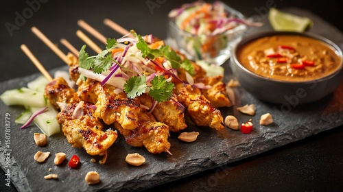 Delicious grilled chicken satay skewers with peanut sauce and fresh vegetables.