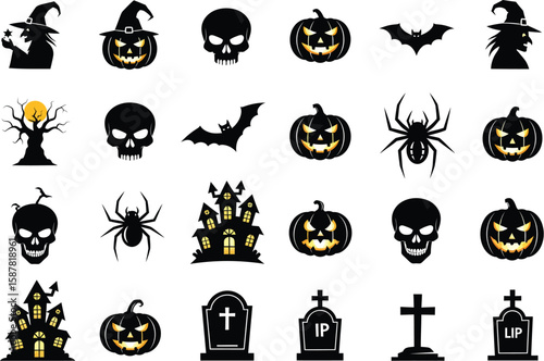 Collection of halloween icons featuring pumpkins skulls witches bats spiders and haunted houses