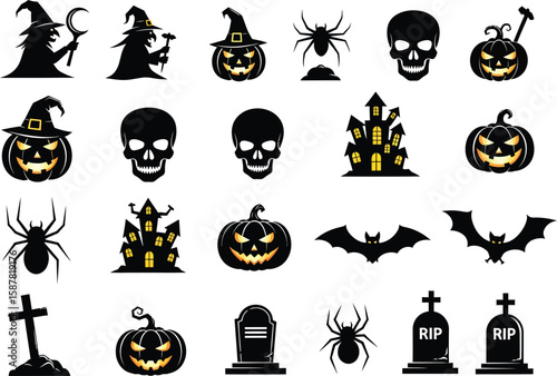 Collection of halloween icons featuring pumpkins skulls witches spiders bats and haunted houses