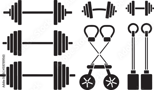 Set of Eight Black-and-White Weightlifting Equipment Icons Featuring Barbells with Various Weights and Kettlebells