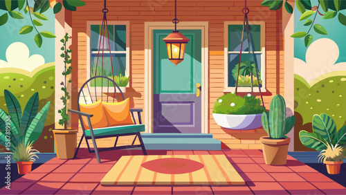 Front porch with welcome mat, potted plants, and a swing chair. Cozy entrance area