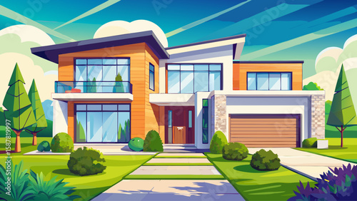 Modern house facade with large windows, landscaped front yard, and concrete driveway. Clean exterior design