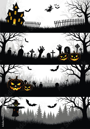 Spooky halloween silhouettes featuring haunted house witch pumpkins zombies and scarecrow