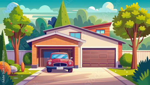 Residential garage with open door and parked car inside. Driveway and shrubbery around