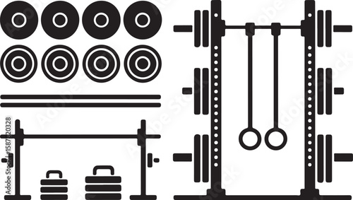 Set of Eight Black-and-White Weightlifting Equipment Icons Featuring Barbells with Various Weights and Kettlebells