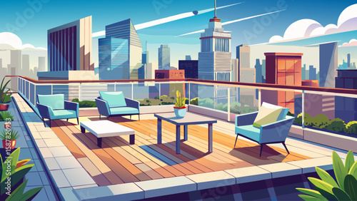Urban rooftop terrace with seating area, glass railing, and city skyline view