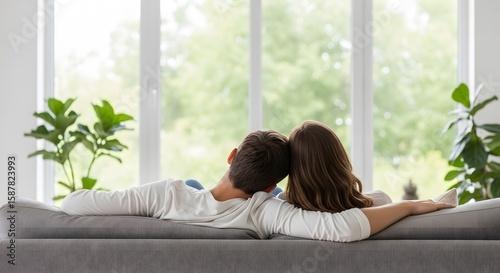 A serene moment shared by a couple, relaxing together on a comfortable sofa, enjoying the peaceful outdoor view from their bright, modern home, embracing quiet intimacy and shared tranquility