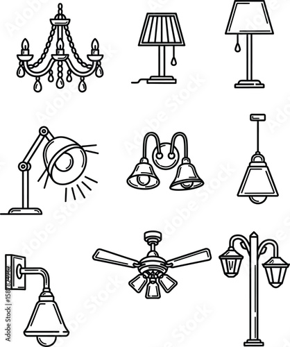 Interior and Exterior Lighting Elements - Vector Outline Icons Set