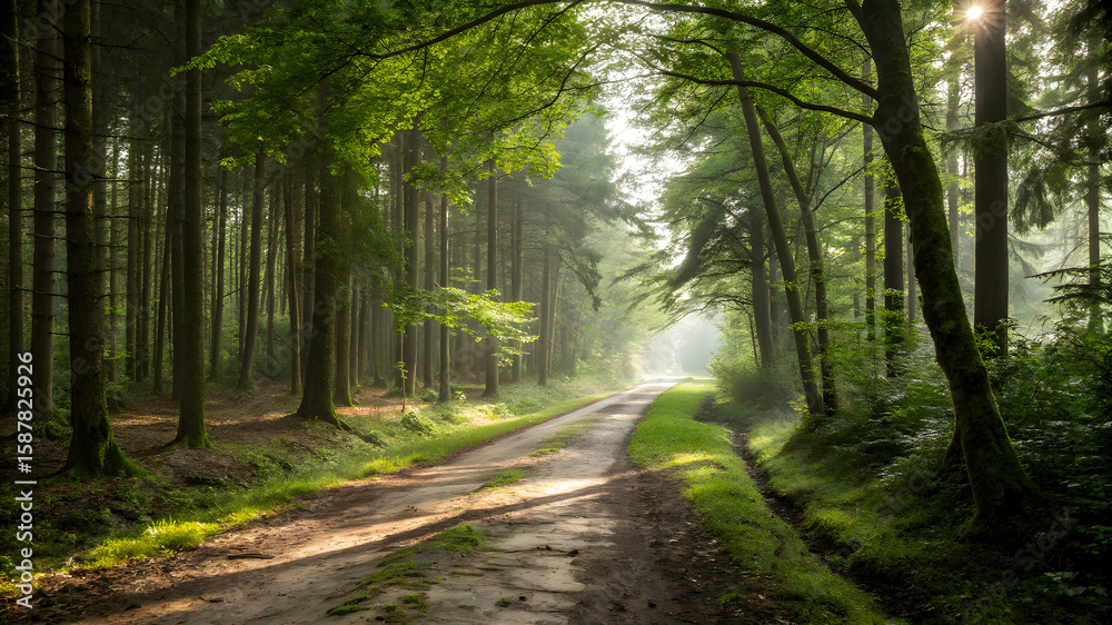 Fototapeta premium A peaceful dirt road meandering through a dense, green forest, inviting exploration