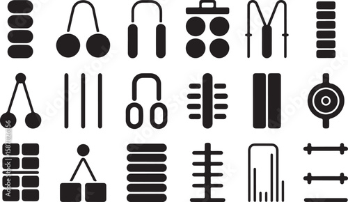 Collection of 18 Black-and-White Fitness Icons Featuring Dumbbells, Resistance Bands, Jump Ropes, Hand Grips, and Gym Accessories in Minimalist Silhouette Style