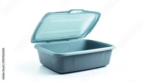 Open gray plastic storage box