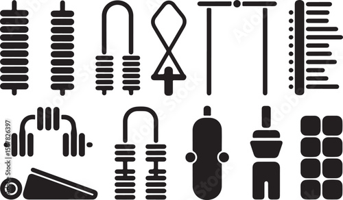 Collection of 18 Black-and-White Fitness Icons Featuring Dumbbells, Resistance Bands, Jump Ropes, Hand Grips, and Gym Accessories in Minimalist Silhouette Style