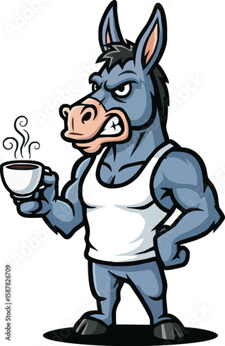Cartoon donkey in tank top, holding coffee cup, angry expression.